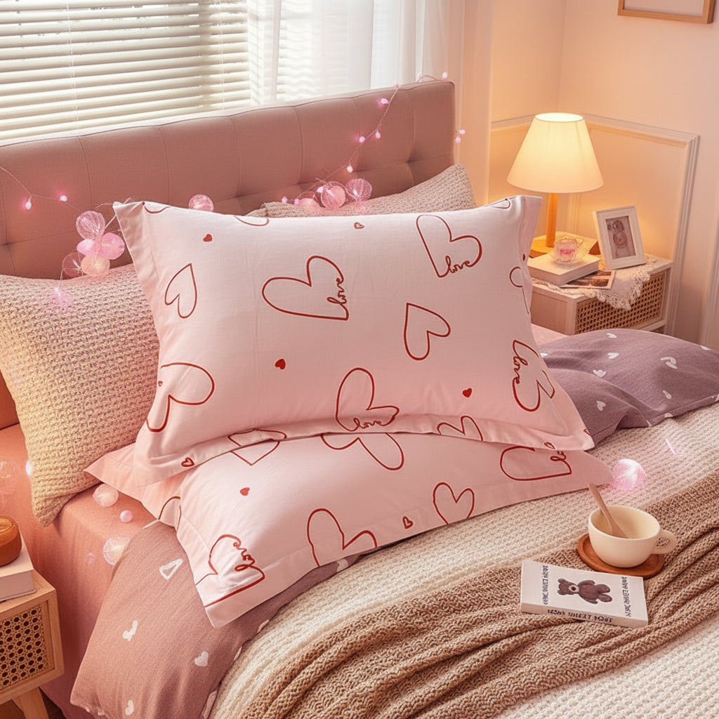 100% Cotton Pillow Case Pink Heart Shaped