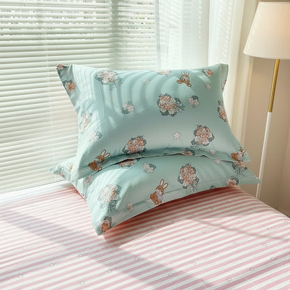 Mint Bunny Floral Pillowcase Set