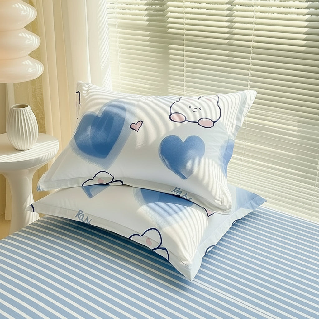 White Blue Hearts Pillowcase Set